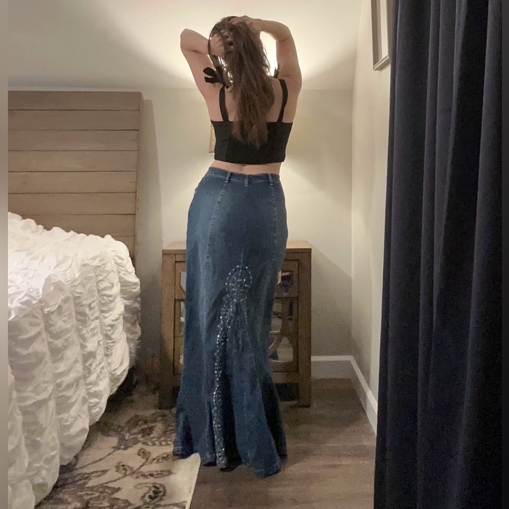 Y2K Denim Tulip Hem Fishtail Maxi Skirt Medium Rhinestones Vintage 2004